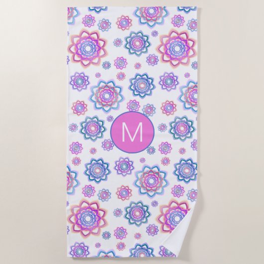Eenvoudige Floral Lotus Monogram Roze Pastel Groen Strandlaken (Voorkant)