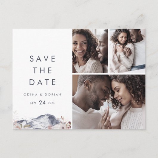 Eenvoudige Floral Mountain 3 Foto Save the Date Uitnodiging Briefkaart (Voorkant)