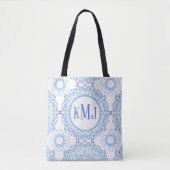 Eenvoudige Floral Navy Blue Monogram Mandala Patte Tote Bag (Voorkant)