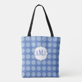 Eenvoudige Floral Navy Blue Monogram Mandala Patte Tote Bag (Achterkant)