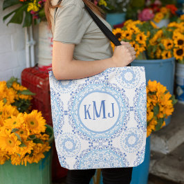 Eenvoudige Floral Navy Blue Monogram Mandala Patte Tote Bag