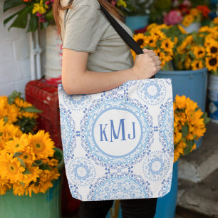 Eenvoudige Floral Navy Blue Monogram Mandala Patte Tote Bag
