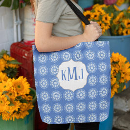 Eenvoudige Floral Navy Blue Monogram Mandala Patte Tote Bag