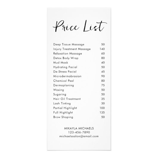 Eenvoudige Floral Spa en Salon prijslijst Reclamekaart (Achterkant)