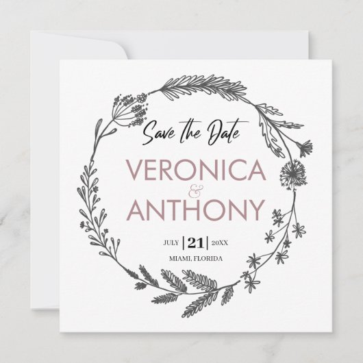 Eenvoudige Floral sparen de Datum QR Code Weddensc Kaart (Voorkant)