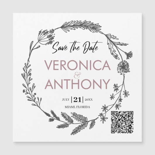 Eenvoudige Floral sparen de Datum QR Magnet van de (Voorkant)