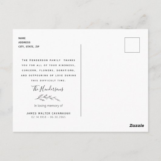 Eenvoudige Foliage Stem Funeral - Naam en datum Briefkaart (Achterkant)