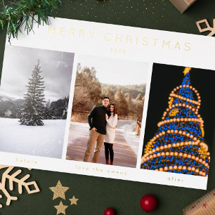 Eenvoudige folie Drie Foto Prettig Kerstfeest Feestdagenkaart
