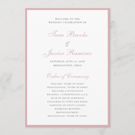 Eenvoudige formele elegante roze Roos bruiloft Programmakaart (Voorkant)