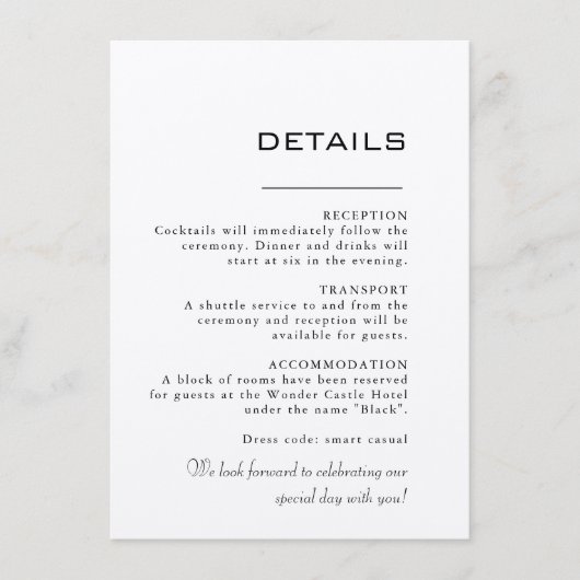 Eenvoudige formele Kaart voor bruiloft met details (Voorkant)