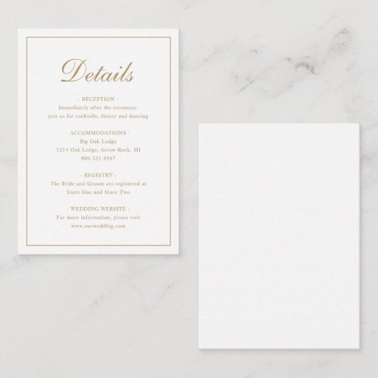 Eenvoudige formele traditionele legante gouden bru informatiekaartje (Voorkant / Achterkant)