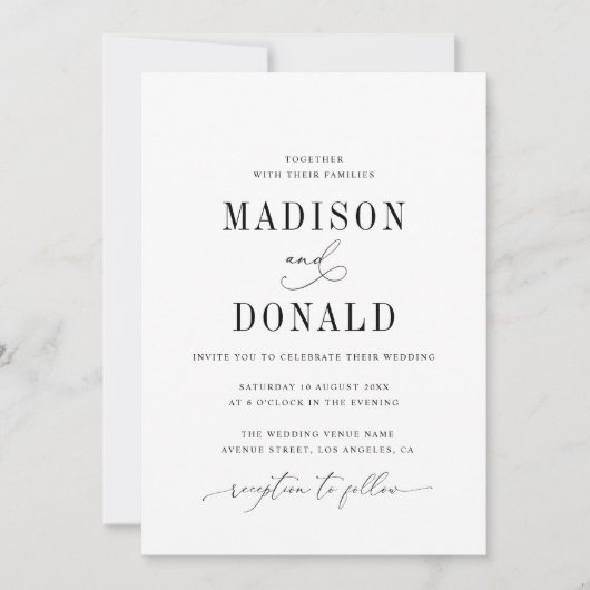 Eenvoudige formele zwart-wit huwelijksuitnodiging kaart (Voorkant)