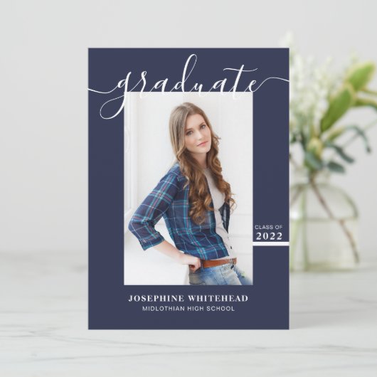 Eenvoudige foto Afstuderen Aankondiging 2022 Navy  (Staand voorkant)