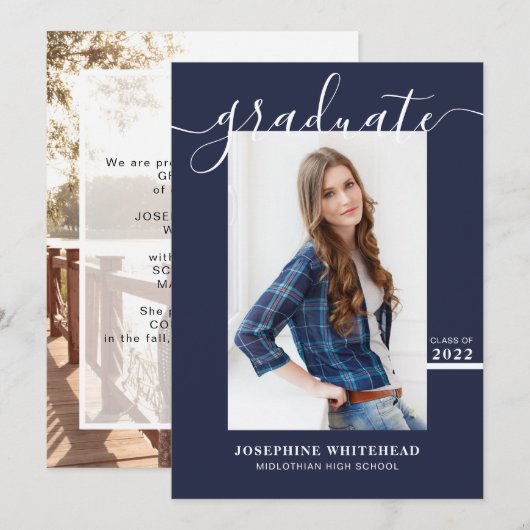 Eenvoudige foto Afstuderen Aankondiging 2022 Navy  (Voorkant / Achterkant)