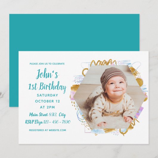 Eenvoudige foto Baby First Birthday Colorful Kaart (Voorkant / Achterkant)