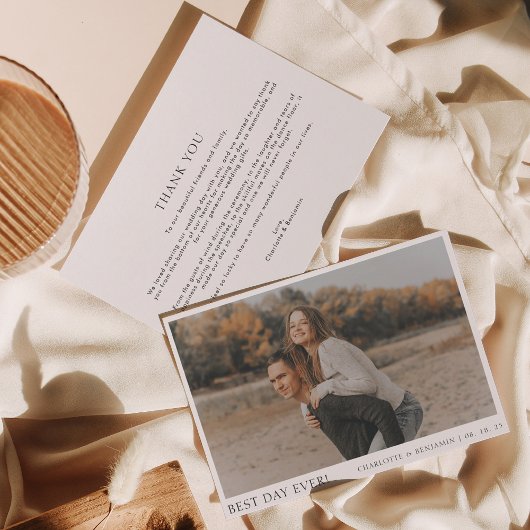 Eenvoudige foto Beste dag van het huwelijk Bedankkaart