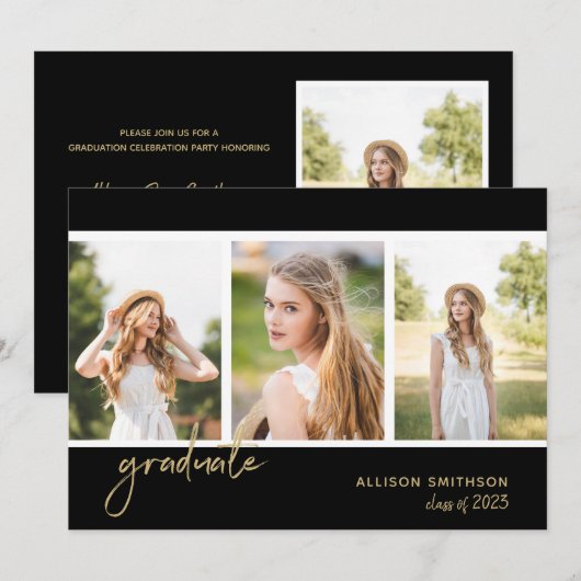 Eenvoudige foto Black Gold Graduparty Kaart (Voorkant / Achterkant)