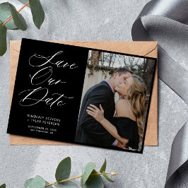 Eenvoudige foto-chic elegant script zwarte bruilof save the date
