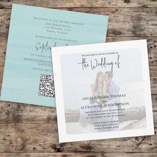 Eenvoudige foto Elegant Turquoise QR Code RSVP Oce Kaart