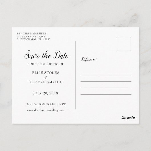 Eenvoudige Foto Elegante Script Bewaar de Datum Briefkaart (Achterkant)