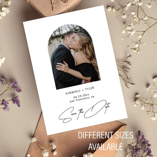 Eenvoudige foto-elegante scriptbruiloft slaat de d notitiekaartje