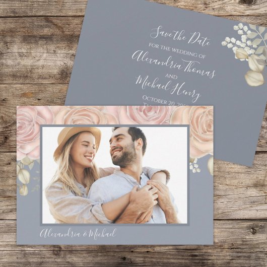 Eenvoudige foto Floral Dusty Blue Blush Flower Save The Date