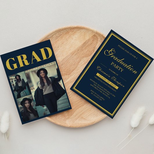 Eenvoudige foto Gold Border | Navy Blue Afstuderen Kaart