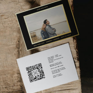 Eenvoudige foto Gold Border QR-code sla onze datum Folie Uitnodiging