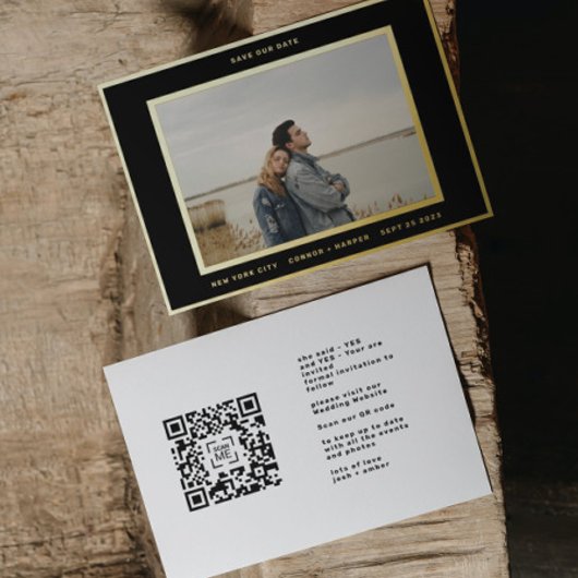 Eenvoudige foto Gold Border QR-code sla onze datum Folie Uitnodiging