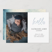Eenvoudige foto Hallo Blue Typography Baby Aankondiging (Voorkant / Achterkant)