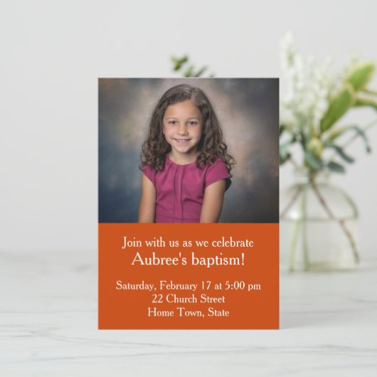 Eenvoudige foto met Oranje Zig-Zag Back Doop Kaart (Staand voorkant)