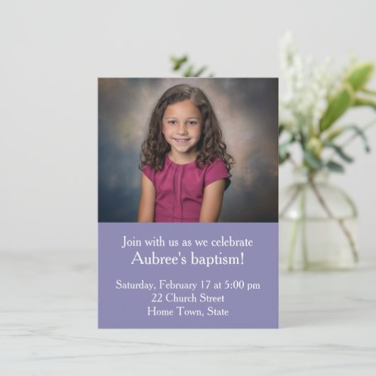 Eenvoudige foto met Paarse Zig-Zag Back Doop Kaart (Staand voorkant)