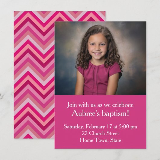 Eenvoudige foto met roze Zig-Zag Back Doop Kaart (Voorkant / Achterkant)