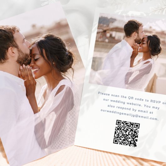 Eenvoudige foto met Rsvp QR Code Blue Wedding Kaart