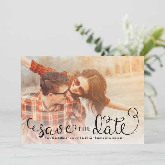 Eenvoudige Foto slaat de Data op, handgeschreven s Save The Date (Staand voorkant)