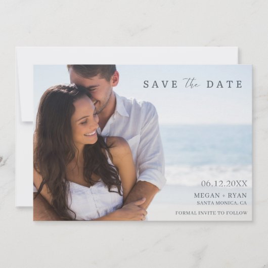 Eenvoudige foto strand bruiloft save the date (Voorkant)