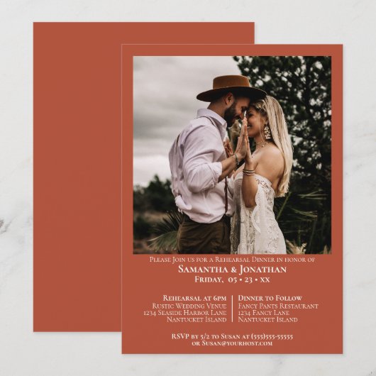 Eenvoudige foto terracotta bruiloft repetitie dine kaart (Voorkant / Achterkant)