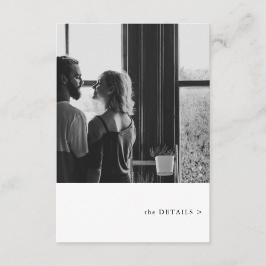 Eenvoudige foto thema bruiloft details informatiekaartje (Voorkant)