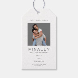 Eenvoudige foto typografie grijs Bewaar de datum G Cadeaulabel