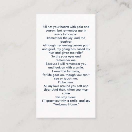 Eenvoudige foto Uitvaart Memorial Sympathie Gebed  Visitekaartje (Achterkant)