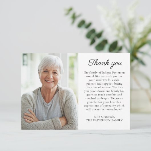Eenvoudige foto Uw bericht Uitvaart Dank u kaart (Staand voorkant)