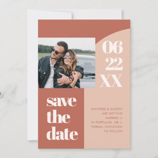 Eenvoudige foto van chic perach terracotta save the date (Voorkant)
