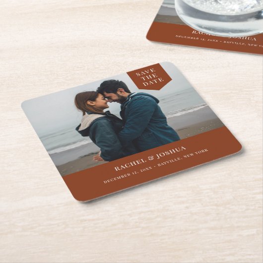 Eenvoudige foto van Label sparen de datum Kartonnen Onderzetters (Schuin)