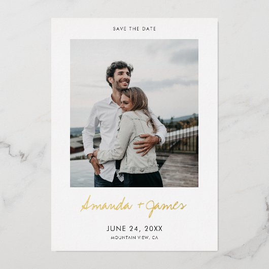 Eenvoudige Foto Verloving bruiloft Save the Date G Folie Uitnodiging (Voorkant)