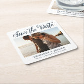 Eenvoudige foto Weddenblauw en wit sparen de Datum Kartonnen Onderzetters (Schuin)