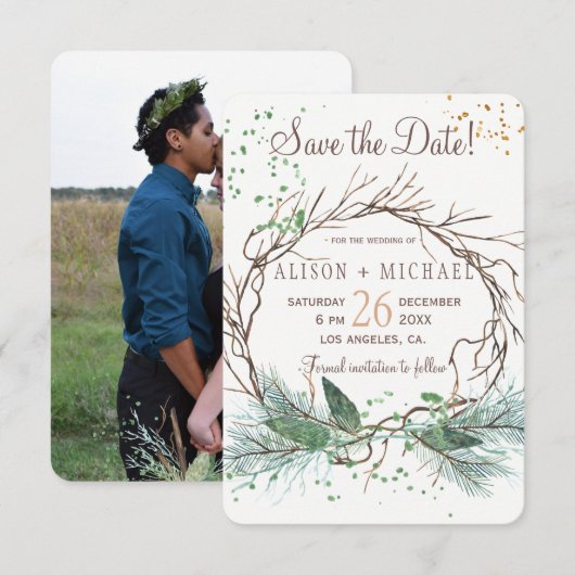 Eenvoudige foto winter krans save the date bruilof (Voorkant / Achterkant)