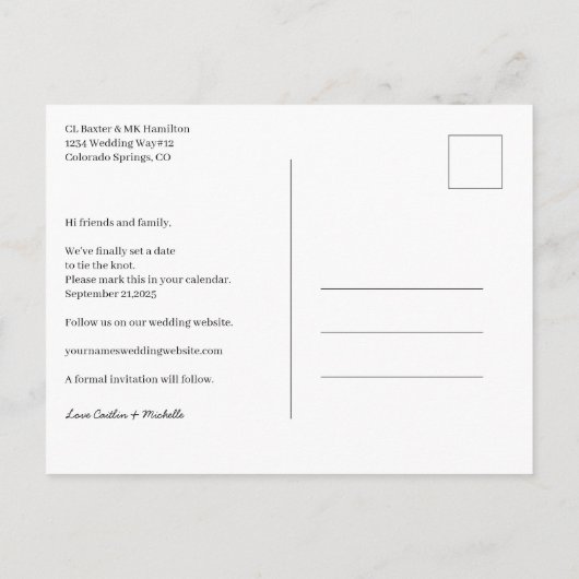 Eenvoudige Foto Witte bruiloft opslaan van de datu Aankondigingskaart (Achterkant)