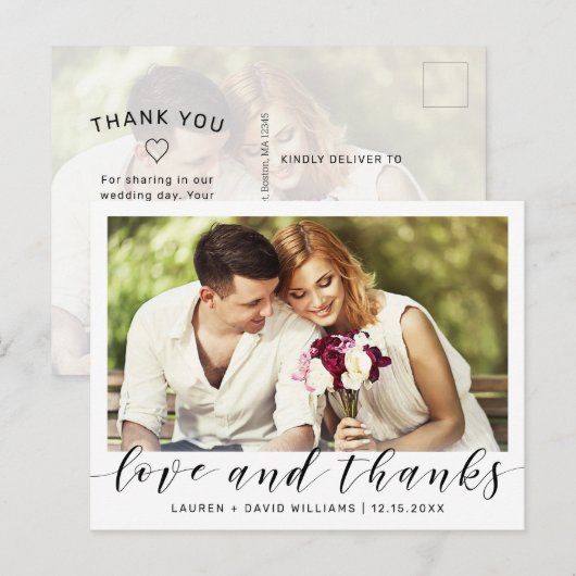 Eenvoudige foto zwart script wit bruiloft dank u briefkaart (Voorkant / Achterkant)