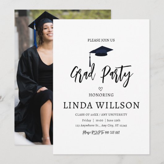 Eenvoudige foto Zwart-wit Graduation Party Kaart (Voorkant / Achterkant)