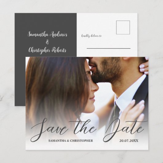 Eenvoudige foto zwart-wit Save the Date Wedding Briefkaart (Voorkant / Achterkant)